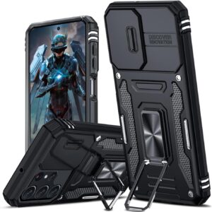 TUUTPU Cover per Samsung Galaxy S24 Ultra 5G, Custodia Scorrevole Protezione Fotocamera Militare Antiurto Case con 360° Magnetica Anello Rotante Supporto e TPU Silicone + PC Bumper All’aperto, Nero