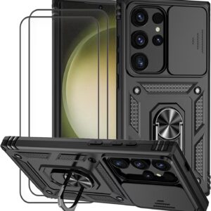 Dechyi Cover per Samsung galaxy S24 Ultra con Vetro Temperato Custodia con Scorrevole Protezione Fotocamera Custodia Rotante Anello Supporto Antiurto TPU Bumper Custodie Case Cover-Nero