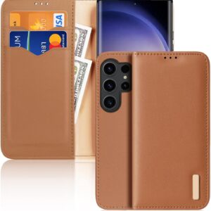 Custodia a Portafoglio per Samsung Galaxy S24 Ultra/S24 Plus/S24 Flip Custodia Compatibile con Ricarica Wireless in Vera Pelle Magnetica Folio con Slot per Schede (Galaxy S24 Plus, Marrone)