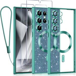 Kokio Glitter Magnetica Cover per Samsung Galaxy S24 Ultra 5G con Cordino, Compatibile con MagSafe, Brillantini Sottile Antiurto Custodia per Samsung S24 Ultra 5G con 2 Vetro Temperato Bumper, Verde