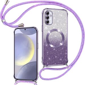 Phoona Cover Magnetica Glitter per Samsung Galaxy S24 5G con Cordino, [Compatibile con MagSafe] Brillantini Sottile Lucida TPU Silicone Custodia per Samsung S24 Morbido Antiurto Cover, Viola