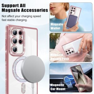 Newseego Custodia Magnetica Glitterata per Samsung S24 Ultra [Compatibile con Magsafe], Fotocamera Protettore Antiurto Diamanti Bling Morbido TPU Cover Ragazze Donne per Samsung S24 Ultra-Rosa