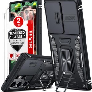 LeYi Cover per Samsung S24 Ultra con Vetro Temperato [2 Pack], Custodia con Protezione Fotocamera [Slidable] Antiurto Militare 360° Anello Supporto TPU Bumper Custodie Samsung Galaxy S24Ultra, Nero