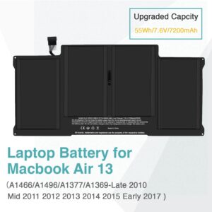 BRTONG Batteria per portatile per MacBook Air 13 pollici A1377 A1466 A1405, adatta anche A1369 A1496-12 mesi di garanzia [Li-Polymer 7.6V 55Wh]