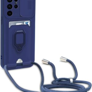yanasuo Cover con Collana Compatibile con Samsung Galaxy S24 Ultra, Cover con Pratico Cordino, Slidable Protezione Fotocamera Slot Carte 360° Anello Supporto, Blu