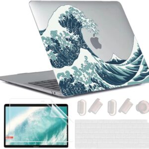 MUSHUI 4 in 1 Custodia per MacBook Air 13 Pollici 2020 2019 2018 Modello A2337 M1/A2179/A1932, Plastica Case Rigida & Tastiera Cover & Proteggi Schermo per MacBook Air 13,3, Onde Giapponesi