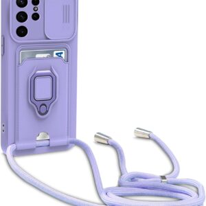 yanasuo Cover con Collana Compatibile con Samsung Galaxy S24 Ultra, Cover con Pratico Cordino, Slidable Protezione Fotocamera Slot Carte 360° Anello Supporto, Porpora