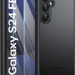 FLLAO Opaca Cover Compatibile con Samsung Galaxy S24 FE 5G con 2 Vetro Temperato, [Della Fotocamera Protezione] Anticaduta Antiurto Anti-Graffio Hard PC Glassata Traslucida Custodia Nero