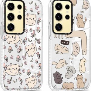 Xylota 2 Pezzi Cover per Samsung Galaxy S24 Ultra 5G 6,8″,Trasparente Carina Disegni Gatto Cartoon Custodia,Morbida Silicone Sottile TPU Bumper Antiurto Chiaro Protettiva Case per Samsung S24 Ultra,07