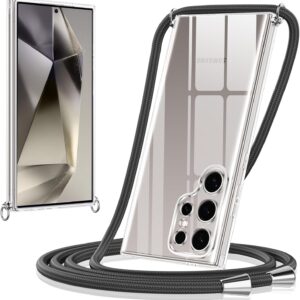 Xiltlly Cover per Samsung Galaxy S24 Ultra 6.8″ con Cordino, Custodia con Laccio Collana Tracolla Trasparente Silicone TPU Bumper Back Antigraffio Antiurto Proteggere Protettiva Corda Clear Case, Nero