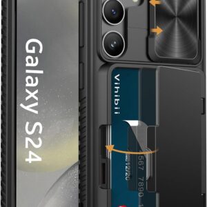 Vihibii Cover per Samsung Galaxy S24 con Porta Carte e Scorrevole per Fotocamera, TPU Robusto Resistente ai Graffi, Protezione di Livello Militare Custodia a Portafoglio per S24, Nero