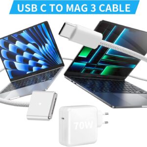 Caricatore Mac Book Air/Pro, 70W M3 Caricabatterie Mac Book con Cavo Intrecciato USB-C su Mag 3 da 2M, per MacBook Air 13, 15 Pollici (2022~2024), MacBook Pro 14, 16 Pollici (2021~2024), M4/M3/M2