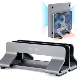 Psitek Supporto Verticale in Alluminio per Laptop Doppio, Larghezza dello Slot Regolabile 12-36mm, Salvaspazio per MacBook e Laptop
