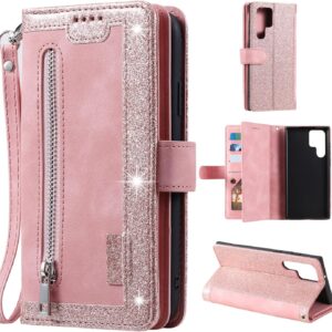 EYZUTAK Custodia a portafoglio per Samsung Galaxy S24 Ultra, in pelle, con chiusura lampo, con 9 scomparti per carte di credito, retro opaco, in pelle, colore oro rosa