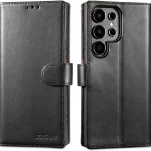 Lensun Custodia per Samsung Galaxy S24 Ultra 5G, Cover in Vera Pelle Libro con Portafoglio [RFID Blocking] Chiusura Magnetico Flip Custodie Cuoio per Telefono Samsung S24 Ultra– Nero
