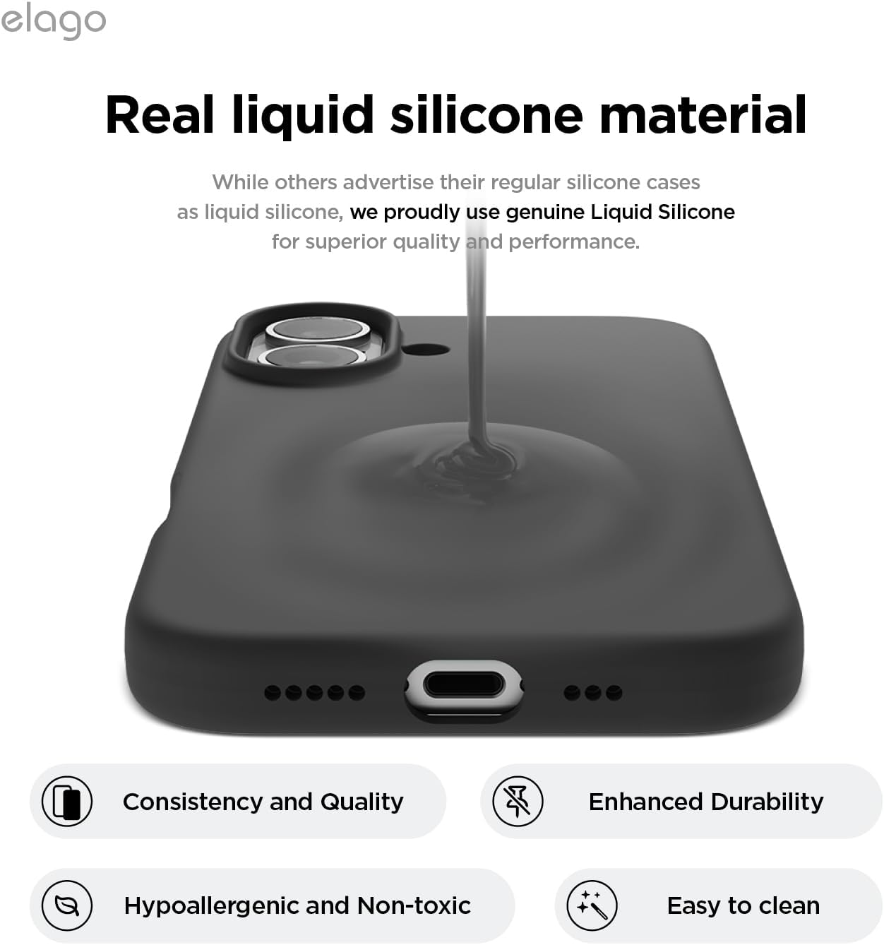 elago Compatibile con iPhone 16 Cover, Cover in Silicone Liquido Premium, Cover Protettiva Completa, Antiurto, Cover Sottile, Fodera in Microfibra Antigraffio (Nero) - immagine 3