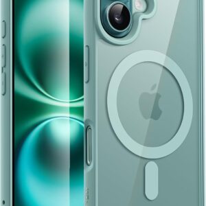 JETech Cover Magnetica per iPhone 16 6,1 Pollici Compatibile con MagSafe, Antiurto Paraurti Custodia, Solida Colore Opaco TPU Telaio, Anti-Graffio Retro Trasparente (Verde Acqua)
