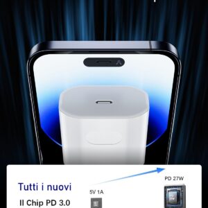 Caricatore per iPhone 16/16 Pro/16 Pro Max/16 Plus/15/15 Pro/15 Pro Max/15 Plus/Pad, 27W USB C Caricabatterie Alimentatore Presa Spina Rapido con Cavo 2M