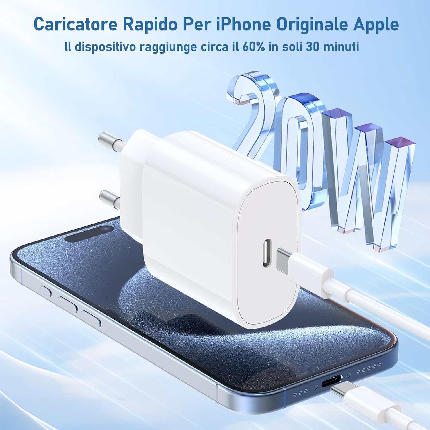 QZIIW Caricatore per iPhone 15/16, 20W caricabatteria rapido con 1M+2M cavo per iPhone 15 16/ Pro Max/Plus/iPad Pro/Air/Mini, originale USB C iPhone carica batteria con cavo di tipo C cavetto ricarica - immagine 2