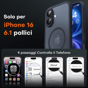 TOCOL 3 in 1 Cover Magnetica per iPhone 16 6,1 Pollic, con 2 Vetro Temperato, Compatibile con MagSafe [Protezione Fotocamera Integrata] Custodia Antiurto Traslucida Opaca, Nero