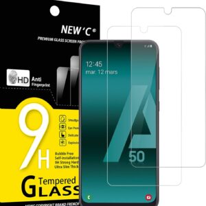 NEW’C 2 Pezzi, Vetro Temperato per Samsung Galaxy A50 (SM-A505F), Pellicola Prottetiva Anti Graffio, Anti-Impronte, Senza Bolle, Durezza 9H, 0,33mm Ultra Trasparente, Ultra Resistente