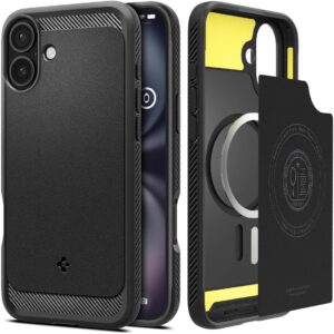 Spigen Cover per iPhone 16, Rugged Armor MagFit, Compatibile con MagSafe – Nero Opaco