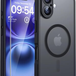 TOCOL 3 in 1 Cover Magnetica per iPhone 16 6,1 Pollic, con 2 Vetro Temperato, Compatibile con MagSafe [Protezione Fotocamera Integrata] Custodia Antiurto Traslucida Opaca, Nero