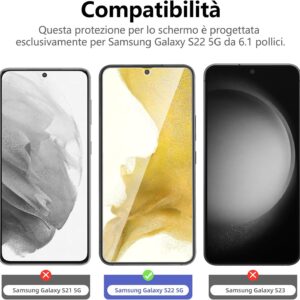 NEW’C 3 Pezzi, Vetro Temperato per Samsung Galaxy S22 5G, Pellicola Prottetiva Anti Graffio, Anti-Impronte, Senza Bolle, Durezza 9H, 0,26mm Ultra Trasparente, Ultra Resistente