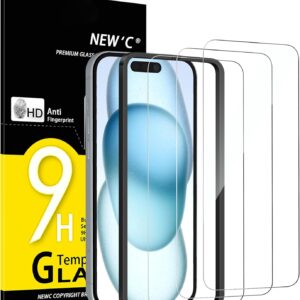 NEW’C 3 Pezzi, Vetro Temperato per iPhone 16, iPhone 15 (6,1 Pollici), Pellicola Prottetiva Anti Graffio – Ultra resistente – Trasparente HD – Strumento di installazione facile incluso