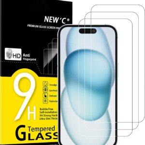 NEW’C 3 Pezzi, Vetro Temperato per iPhone 16, iPhone 15, iPhone 15 Pro (6,1 Pollici), Pellicola Prottetiva, Senza Bolle, Durezza 9H, 0,33mm Ultra Trasparente, Ultra Resistente