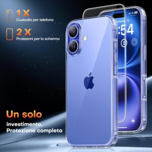 TAURI 3 in 1 Cover per iPhone 16, 1 Custodia [Anti-Giallo] + 2 Pellicole Vetro Temperato, Sottile Antishock, Anticaduta – Trasparente