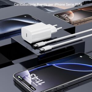 Caricatore per iPhone 16 15/16 15 Pro/16 15 Pro Max/16 15 Plus/iPad 10 Generazione, 2 Pezzi Caricabatterie Alimentatore Presa Spina Rapido USB C 25W con Cavo 2M