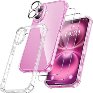 FLLAO 4 in 1 Cover per iPhone 16 con 2 Pellicola Vetro Temperato e 1 Pellicola Protezione Fotocamera, [Protezione Antiurto Militare] Antishock Custodia per iPhone 16, Trasparente