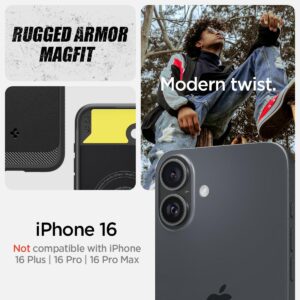 Spigen Cover per iPhone 16, Rugged Armor MagFit, Compatibile con MagSafe – Nero Opaco