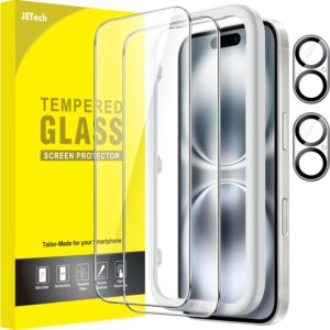 JETech Pellicola Protettiva per iPhone 16 6,1 Pollici con Protezione per Obiettivo Fotocamera, Strumento di Installazione Facile, Vetro Temperato Film, HD Chiaro, Pacco da 2 Ciascuno