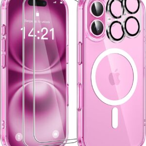 YisrLery Magnetica Cover Compatibile con iPhone 16 con 2 Vetro Temperato e 2 Vetro Fotocamera, Compatibile MagSafe Hard PC Anti-Graffio Protettiva Case Antiurto Bumper TPU Custodia 6.1″ (Trasparente)