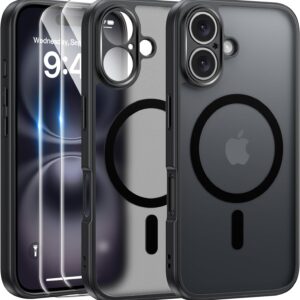 FLLAO Cover Magnetica per iPhone 16 Custodia e 2 Pellicole in Vetro Temperato, Cover iPhone 16 Compatibile con Magsafe, Custodia Traslucida Opaca Posteriore Sottile Antiurto Protettiva Case, Nero