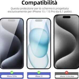 NEW’C 3 Pezzi, Vetro Temperato per iPhone 16, iPhone 15, iPhone 15 Pro (6,1 Pollici), Pellicola Prottetiva, Senza Bolle, Durezza 9H, 0,33mm Ultra Trasparente, Ultra Resistente
