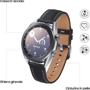 Samsung Galaxy Watch3 Smartwatch Bluetooth, Cassa 41mm acciaio, cinturino pelle, Rilevamento cadute, Monitoraggio sport, Batteria 247 mAh, IP68, Argento (Mystic Silver) [Versione Italiana]