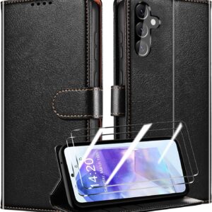 QHOHQ Cover per Samsung Galaxy A55 5G + 2 Pezzi Vetro Temperato, [RFID Shieldon], Libro Custodia Portafoglio Premium Pelle PU, [Slot Scheda], Pulsante Magnetico, Antiurto Case (Classico) – Nero
