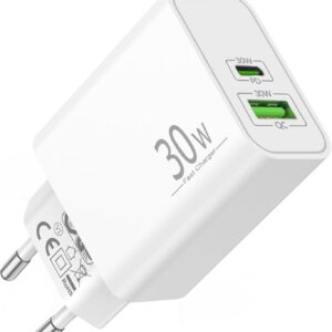 30W 2-Porto USB C/A Caricatore per Samsung Galaxy S25 S24 S23 S22 S21 Ultra FE 5G S20 A55 A54 A53 A35 A25 A15 A13, Note 20 10, Tab A9 S8 S9, Caricabatterie USBC Rapido Tipo C PD+QC Presa Alimentatore