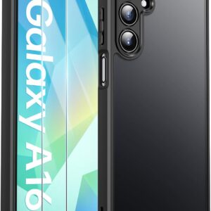 FLLAO Opaca Cover Compatibile con Samsung Galaxy A16 5G/4G con 2 Vetro Temperato, [Della Fotocamera Protezione] Anticaduta Antiurto Anti-Graffio Hard PC Glassata Traslucida Custodia Nero