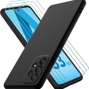 Oureidoo Cover per Samsung Galaxy A53 5G con 3 Pezzi Pellicola Vetro Temperato, Custodia in Morbida Silicone Liquido, Sottile e Antiurto con Rivestimento in Microfibra AntiGraffio, Nero