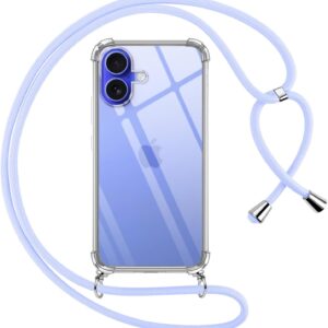 Pnakqil Cover per iPhone 16 con Cordino, Trasparente Custodia con Laccio Tracolla Cellulare Girocollo Collana Protettiva per iPhone 16 6.1″, Viola