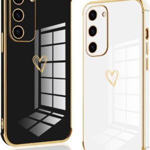 Vauki 2 Pezzi Cover per Samsung Galaxy S23, Custodia con Motivo Cuore, Antiurto Ultra Silicone TPU Morbida Case con Protezione Della Fotocamera per Samsung S23, Nero e Bianco