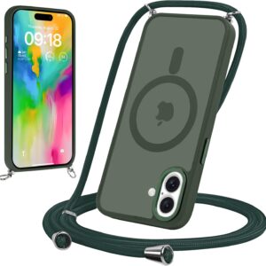 Yoedge Magnetica Cover per iPhone 16 6,1″ con Cordino, Compatibile con MagSafe, Custodia Traslucida Opaca Hard PC Sottile TPU Antiurto Protettiva Case con Tracolla Laccio Corda Collana, Verde1