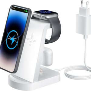 Caricatore Wireless,INNISTO 3 In 1 Caricabatterie Wireless Induttiva,stazione ricarica Compatibile Con iPhone 16/15/14/13/12 Pro/Pro Max,Apple Watch Ultra/10/9/8/7/6/5/4/SE/SE 2 AirPods321/Pro1 Bianco