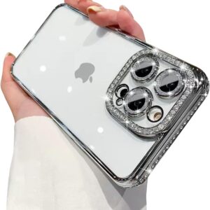 Reownest Cover Trasparente per iPhone 16 Pro Max,Custodia Bling in Cristallo con Protettore per Fotocamera con Brillantini,Carina Custodia Scintillante Antiurto -Argento