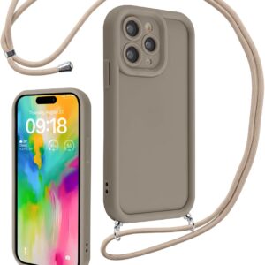 Coalbooliy Cover per iPhone 16 Pro 6,3″ con Cordino per Cellulare, Custodia Silicone con Regolabile Collana Sottile Morbida Case Protezione della fotocamera Antiurto con Necklace, Cachi