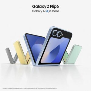 Samsung Galaxy Z Flip6 Smartphone AI pieghevole, Caricatore Incluso, RAM 12GB, 256GB, Dual SIM, Display 3,4″ SAMOLED/6,7″ Dynamic AMOLED 2X, Fotocamera 50 MP, Silver Shadow [Versione italiana]